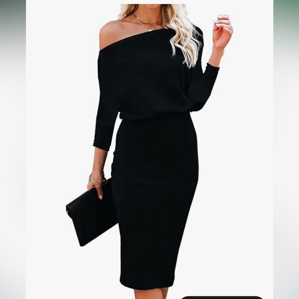 Black Off Shoulder Batwing Sleeve Bodycon Midi Dress – Size M